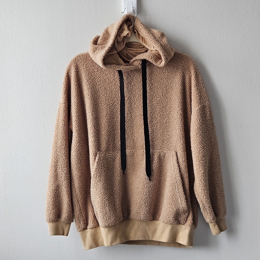 Forever 21 Teddy Fleece Sherpa Hoodie Pullover Camel Cozy Black Drawstring FLAW